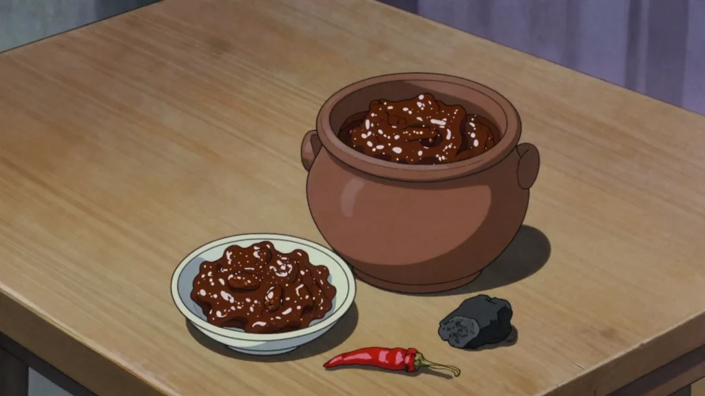 Doenjang, salty soybean paste aged in earthenware; base of stews and dipping, North Korea fermented & pickled, anime style