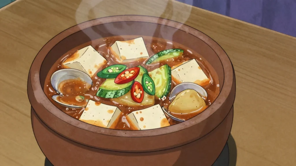 Doenjang Jjigae, fermented soybean-paste stew with tofu, zucchini and clams, South Korea soup & stew, anime style
