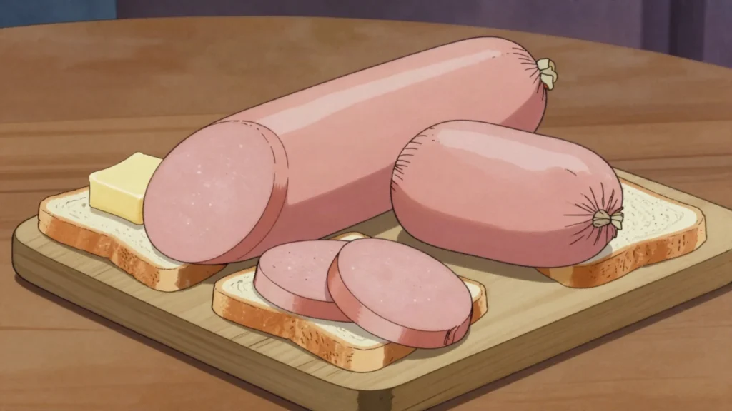 Doktorskaya kolbasa, pale, finely ground boiled sausage sliced for sandwiches, Russia charcuterie & cured, anime style