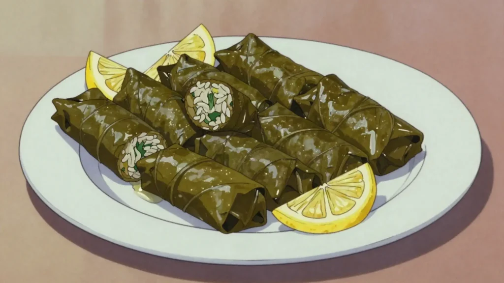 Dolmades, vine leaves stuffed with rice, herbs, lemon, Greece snack, anime style