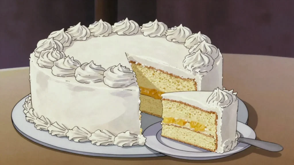 Dominican cake, airy celebration cake with pineapple filling and meringue, Dominican Republic dessert, anime style