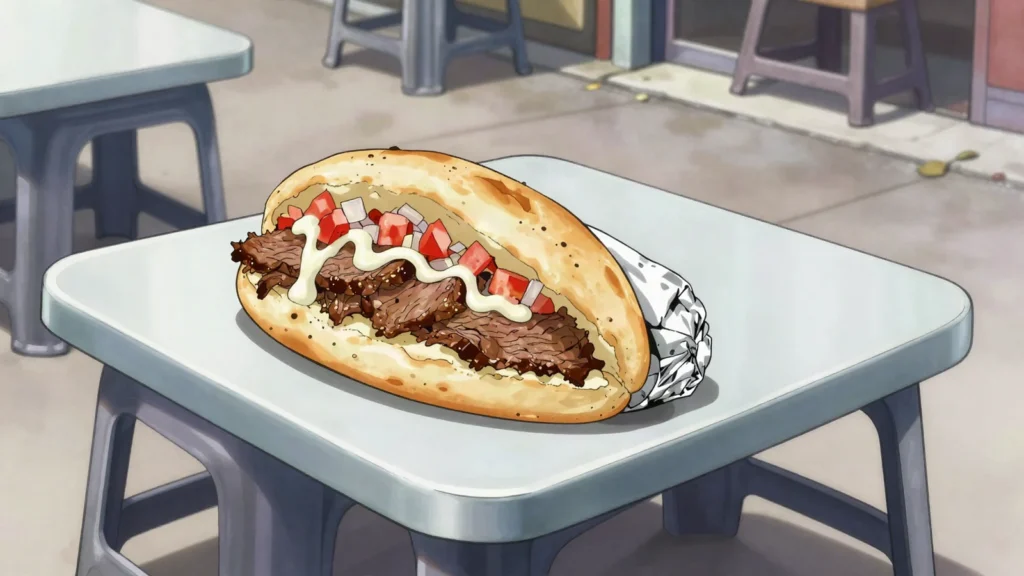 Donair, halifax spiced beef in pita with sweet condensed-milk sauce, Canada street food, anime style