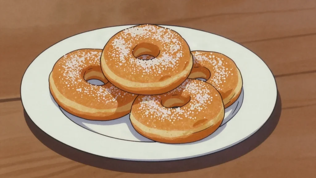 Donat, rings of fried sweet dough sold warm from market trays, Solomon Islands street food, anime style