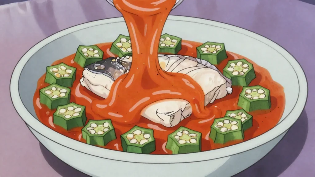Dongo-dongo, silky okra sauce with fish, DR Congo soup & stew, anime style