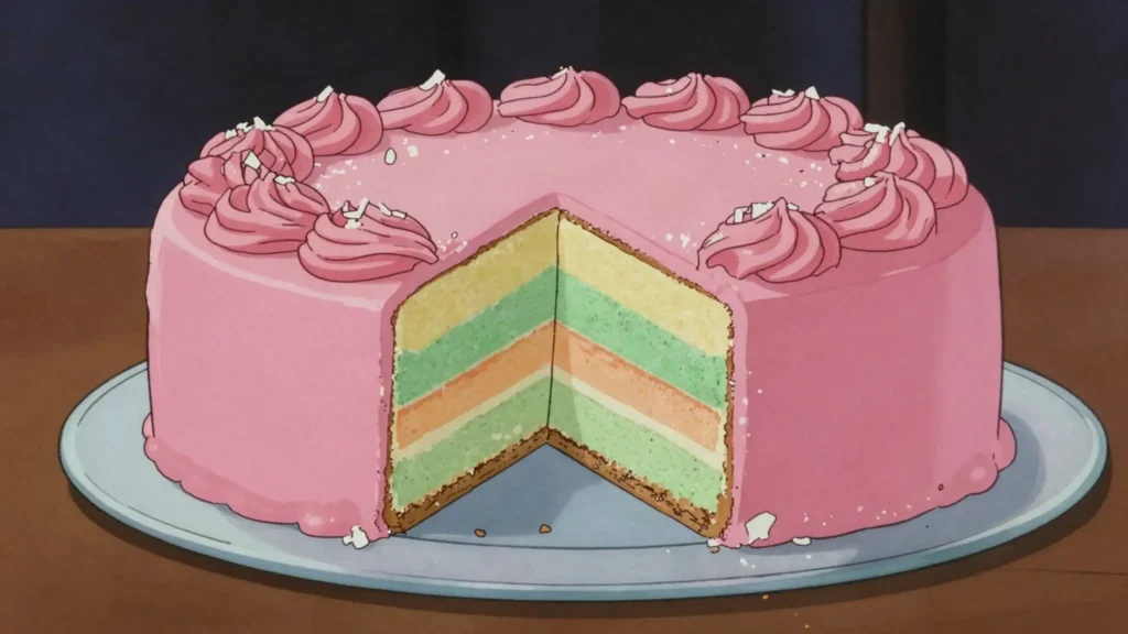 Doolsho, layered sponge cake, brightly iced, cut at weddings and Eid, Djibouti dessert, anime style