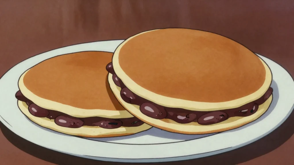 Dorayaki, two honeyed pancakes sandwiching sweet azuki bean paste, Japan dessert, anime style