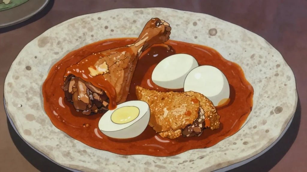 Doro wat, chicken slow-stewed in berbere and spiced butter with hard-boiled eggs, Ethiopia soup & stew, anime style