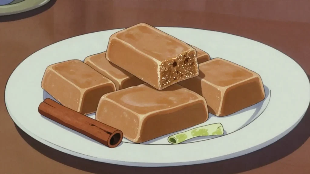 Douce macoss, firm milk fudge scented with cinnamon and lime zest, cut in bars, Haiti dessert, anime style