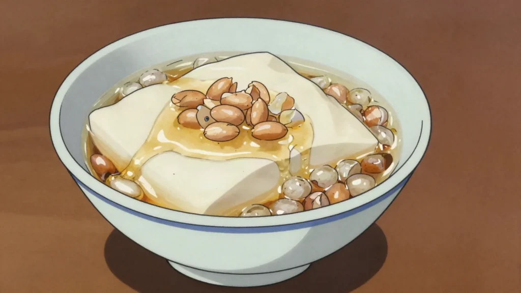 Douhua, silken tofu pudding in ginger or brown-sugar syrup with peanuts or tapioca, Taiwan dessert, anime style