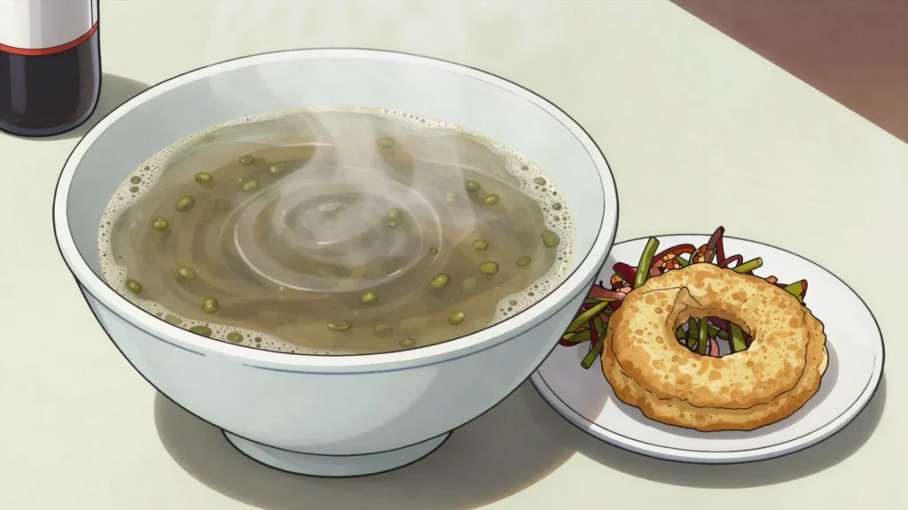 Douzhi, sour grey fermented mung-bean broth, a Beijing breakfast few outsiders finish, China drink, anime style
