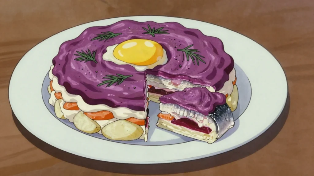 Dressed herring, herring layered 'under a fur coat' of beet, mayonnaise, Russia salad & side, anime style