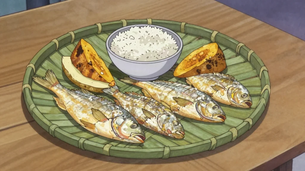 Dried Reef Fish, split reef fish salted and dried hard on racks in the sun, then, Kiribati charcuterie & cured, anime style