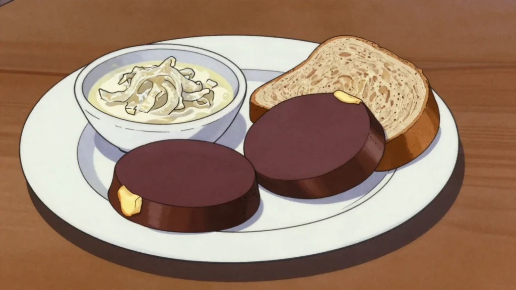 Drisheen, soft blood pudding made with sheep's blood, sliced and fried or served, Ireland charcuterie & cured, anime style