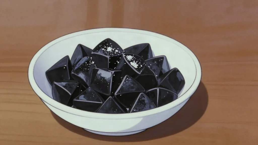 Drop, salty liquorice sweets, often with ammonium chloride, chewed all day, Netherlands snack, anime style