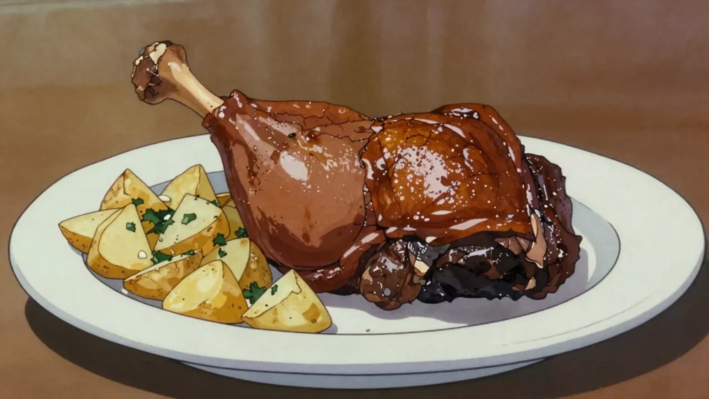 Duck confit, duck legs preserved and crisped in their own fat, France main, anime style