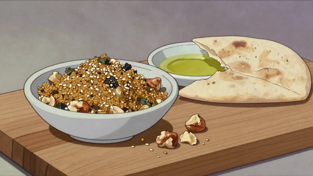 Dukkah, crushed nuts, sesame, coriander and cumin for dipping bread with oil, Egypt sauce & condiment, anime style
