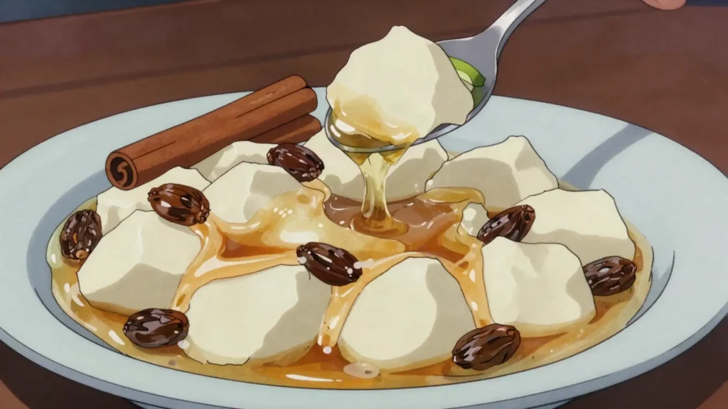 Dulce de leche cortada, milk deliberately curdled with lime, then cooked with sugar, Dominican Republic dessert, anime style