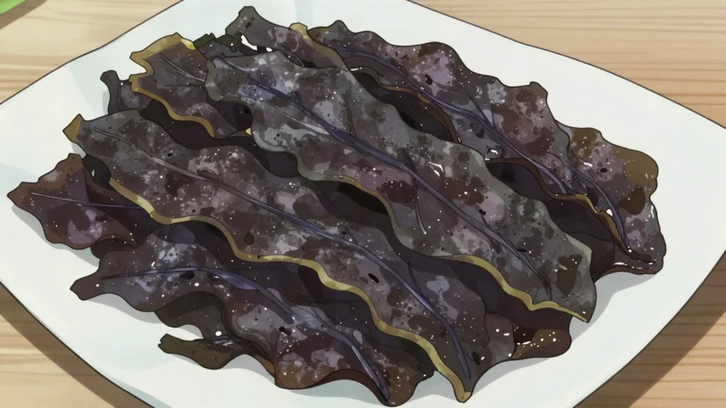 Dulse, dried red seaweed chewed straight from the bag, salty and chewy, Ireland snack, anime style