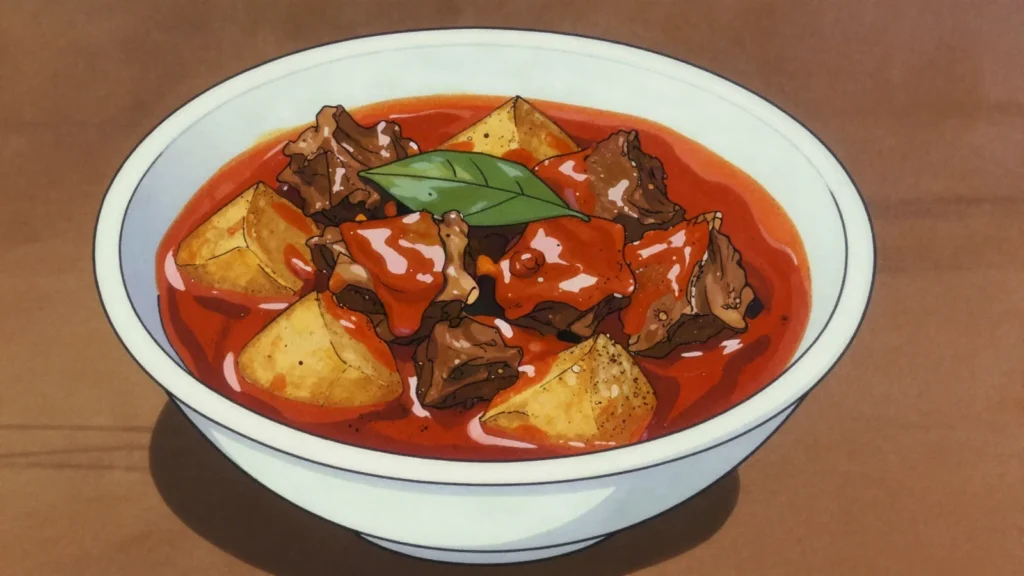 Durban curry, blazing red mutton or bean curry, oil-slicked and served with rice or bread, South Africa main, anime style