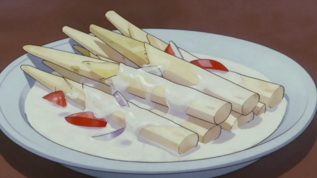 Duruka, unopened flower shoots of wild cane, steamed in coconut cream like asparagus, Fiji salad & side, anime style