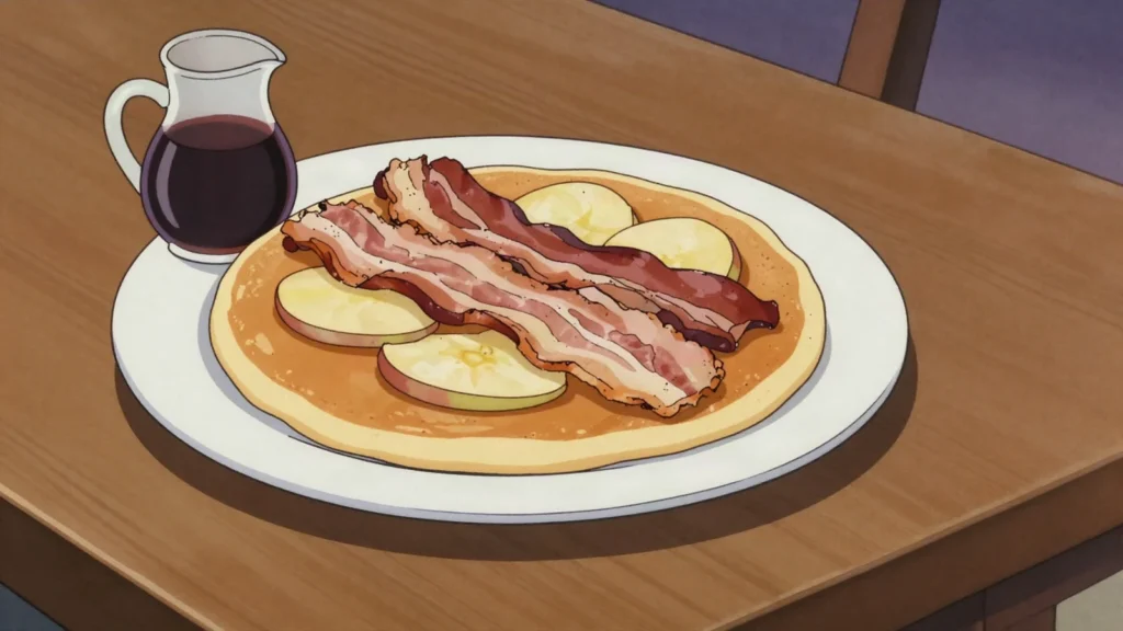 Dutch pancake, plate-sized thin pancake with bacon, cheese, apple, or syrup, Netherlands main, anime style
