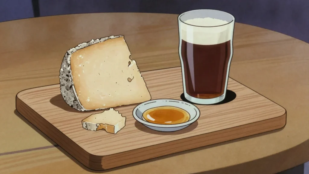 Džiugas, hard aged cow's cheese, crystalline and salty, shaved over salads, Lithuania cheese & dairy, anime style