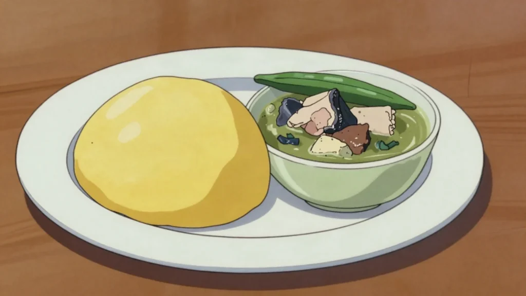 Eba, garri swallow stirred from toasted cassava with hot water, Nigeria main, anime style