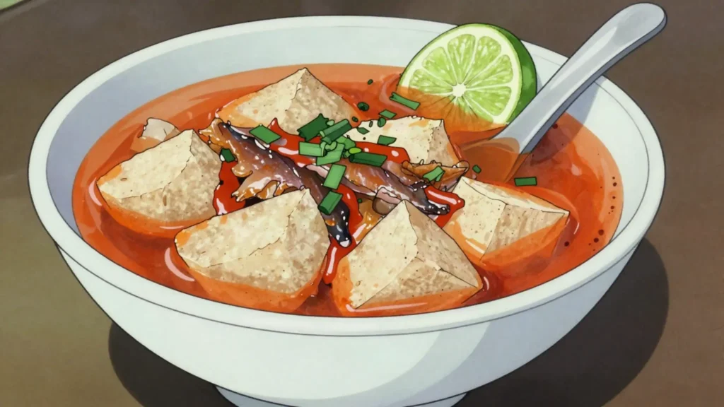 Ebbeh, spicy tangy bowl of boiled cassava, smoked fish, lime and chili broth, Gambia snack, anime style