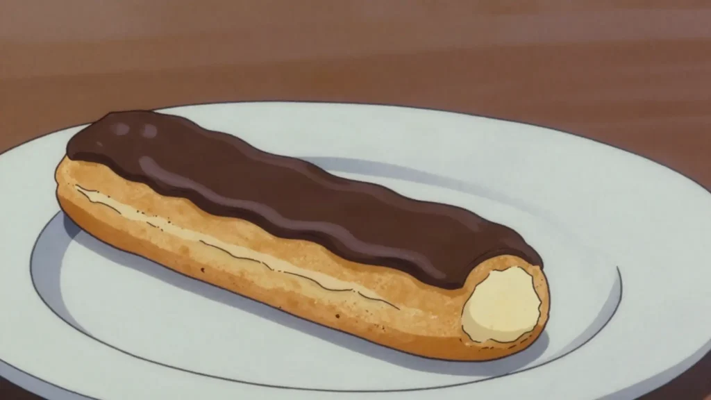 Éclair, choux pastry finger filled with pastry cream, chocolate glaze, France bread & pastry, anime style