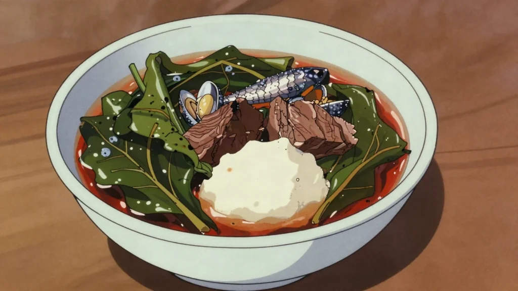 Edikang ikong, rich Calabar vegetable soup of pumpkin leaves and waterleaf, Nigeria soup & stew, anime style
