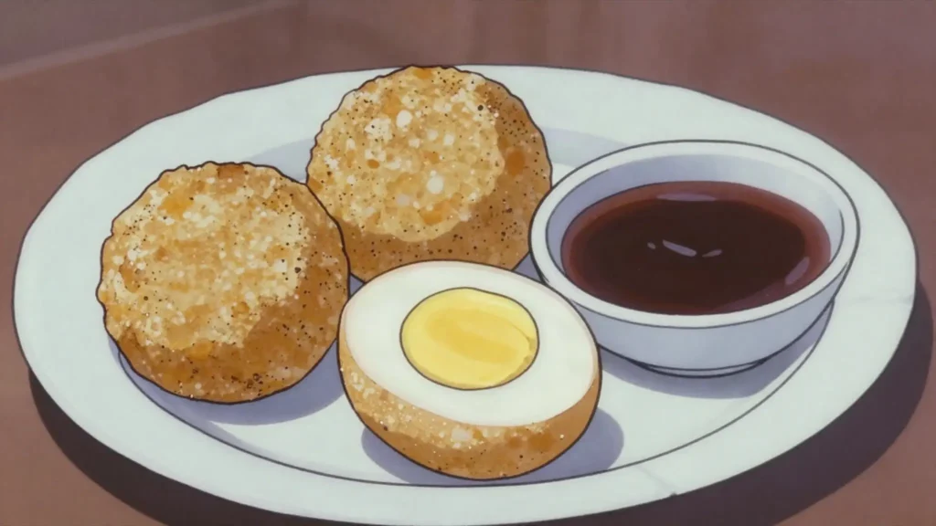 Egg ball, boiled egg wrapped in seasoned cassava, fried; eaten with sour, Guyana street food, anime style