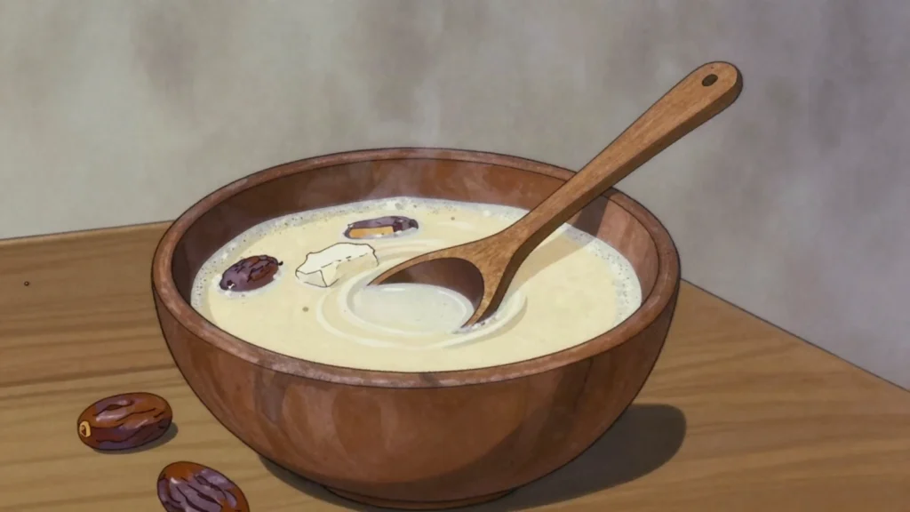 Eghajira, pounded millet, dates, cheese and milk whisked into a thick festival drink, Niger drink, anime style