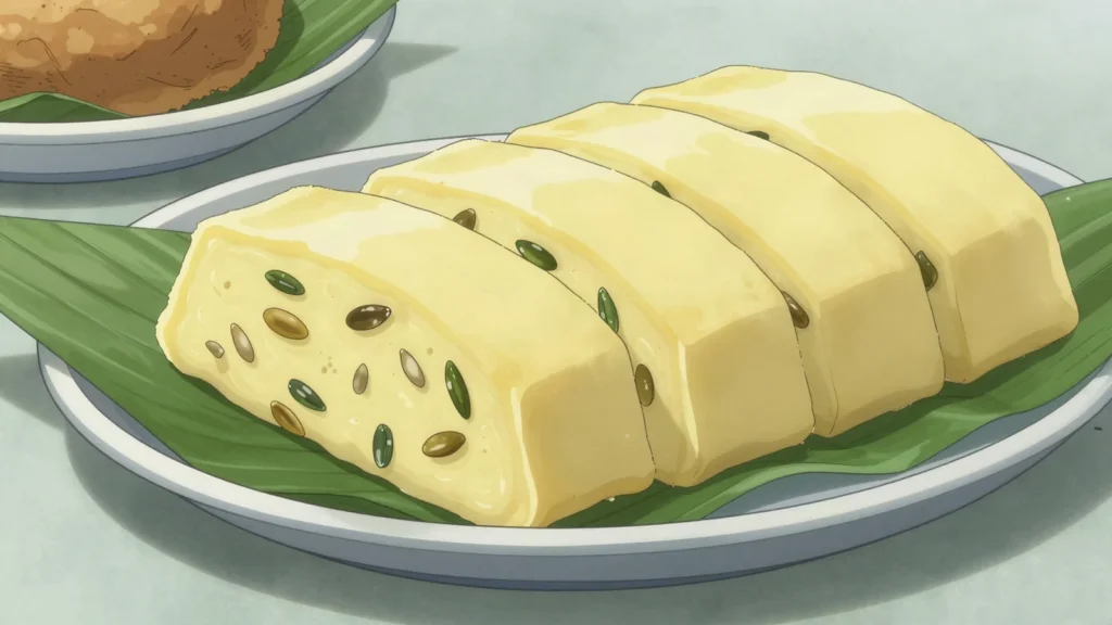 Egusi pudding, ground melon seeds steamed in banana leaves into a firm savoury cake, Cameroon main, anime style