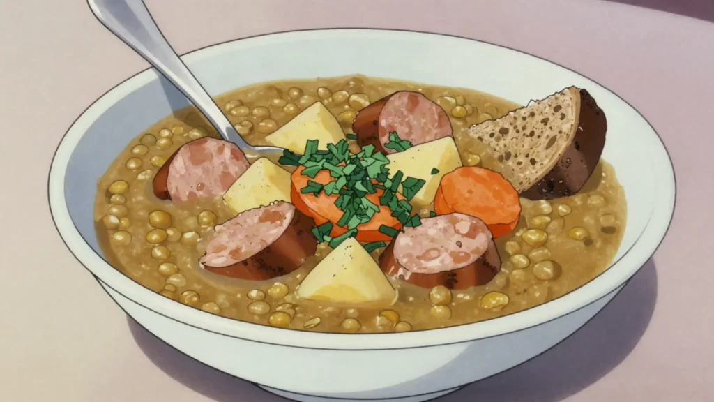 Eintopf, one-pot stew of lentils or peas with sausage, Germany soup & stew, anime style
