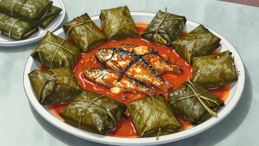 Ekwang, grated cocoyam parcels in leaves, simmered with palm oil and smoked fish, Cameroon main, anime style