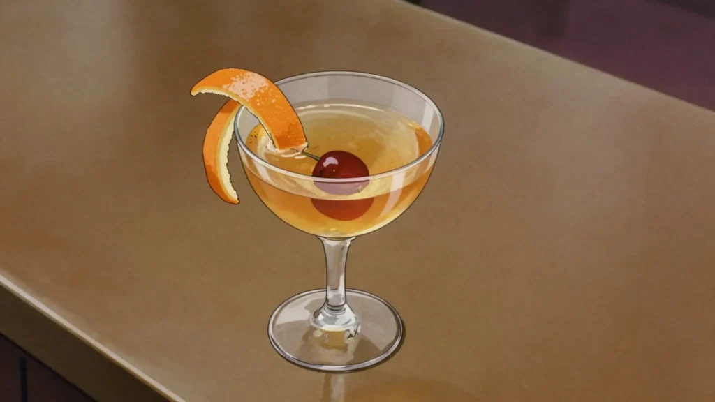 El Presidente, stirred rum, vermouth and curacao cocktail, amber and dry, Cuba cocktail, anime style