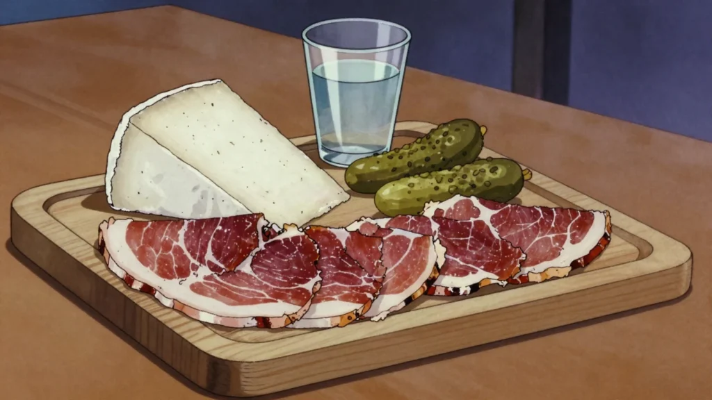 Elenski but, whole salt-cured ham dried in a wooden tub, sliced thin, Bulgaria charcuterie & cured, anime style