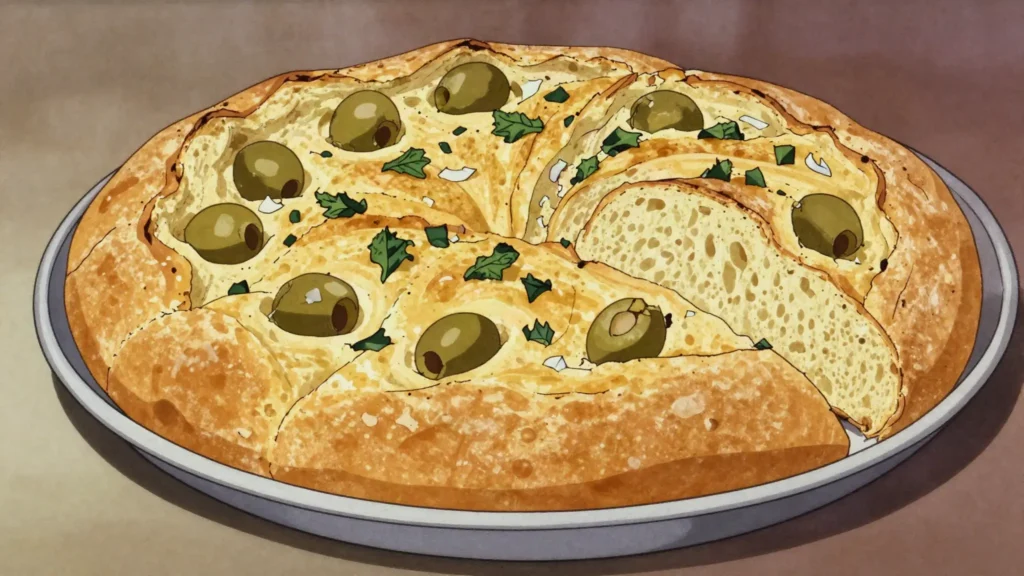 Eliopita, savoury bread studded with chopped olives, onion and mint, Cyprus bread & pastry, anime style