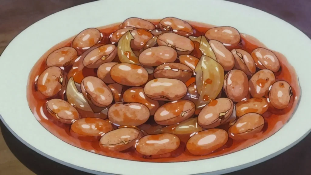 Emabhontjisi, sugar beans stewed soft with onion, served beside sishwala, Eswatini salad & side, anime style