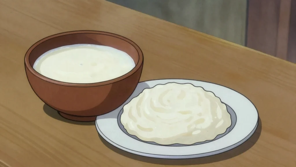 Emasi, soured milk, everyday accompaniment to porridge, Eswatini cheese & dairy, anime style