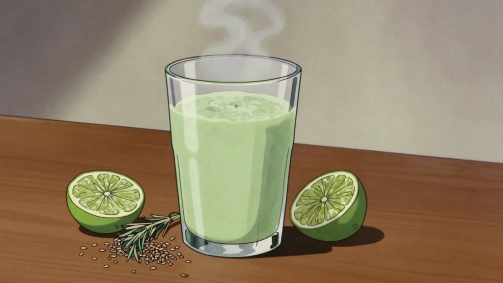 Emoliente, hot herbal brew of barley, flax, horsetail and lime, poured from carts, Peru drink, anime style