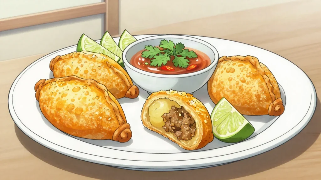 Empanada colombiana, crisp corn-flour pockets of beef and potato, served with ají, Colombia street food, anime style