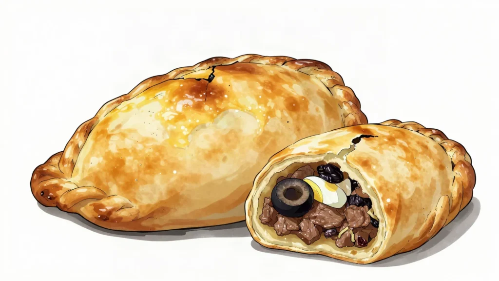 Empanada de pino, baked turnover of beef pino with onion, olive, egg, raisin, Chile street food, anime style