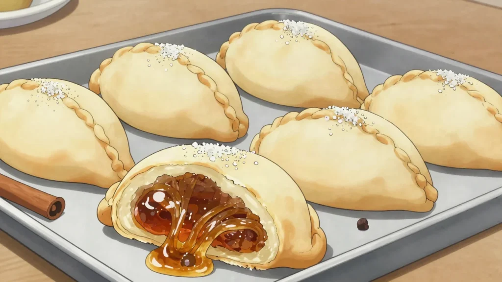 Empanadas de chiverre, pastry turnovers filled with stringy candied fig-leaf gourd jam, Costa Rica dessert, anime style