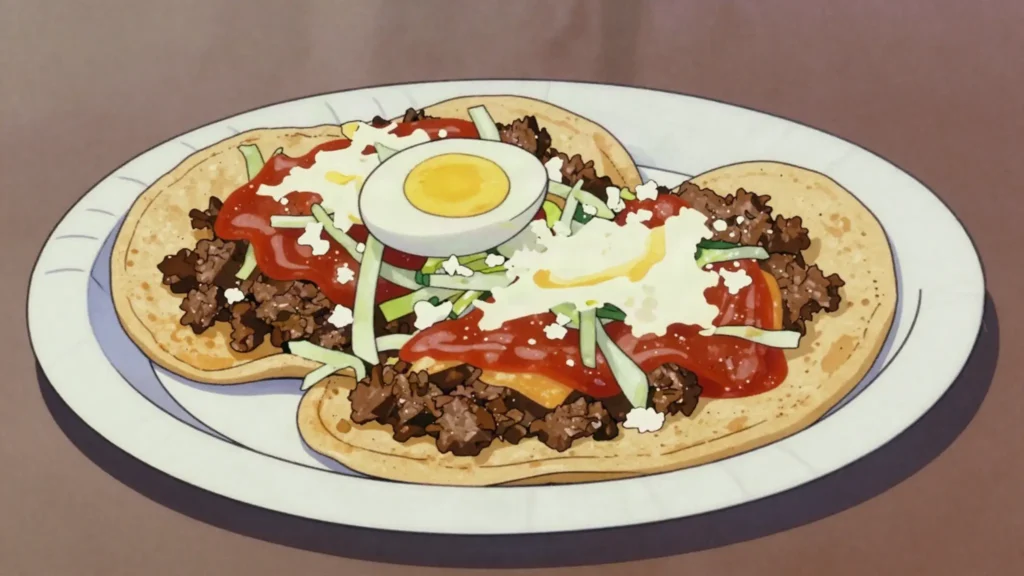 Enchiladas hondureñas, flat fried tortilla piled with meat, egg, and cheese, Honduras snack, anime style