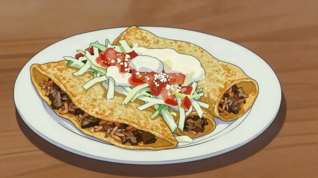 Enchiladas nicaragüenses, tortilla pockets stuffed with seasoned rice and meat, fried, Nicaragua street food, anime style