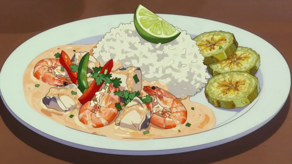 Encocado, fish or shrimp simmered in coconut milk with peppers and coriander, Ecuador main, anime style