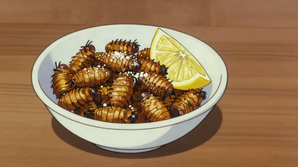 Enswa, flying termites caught at the first rains, fried crisp and salted, Uganda snack, anime style