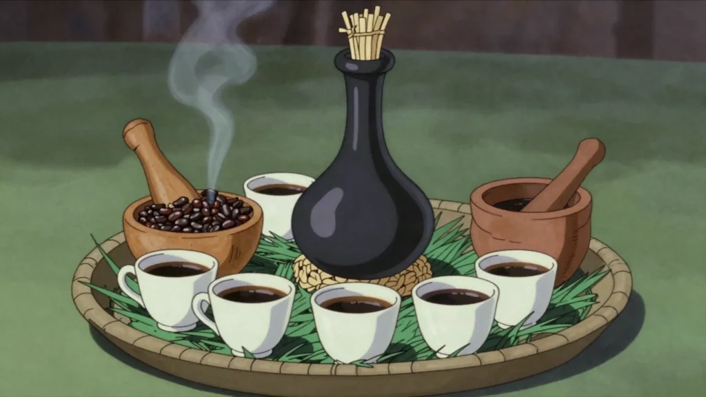 Eritrean coffee ceremony, green beans roasted, pounded and brewed in a clay jebena over three, Eritrea drink, anime style