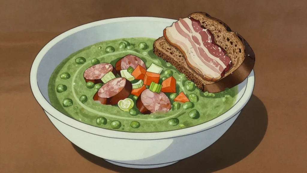 Erwtensoep, thick split-pea soup with smoked sausage, winter skating food, Netherlands soup & stew, anime style